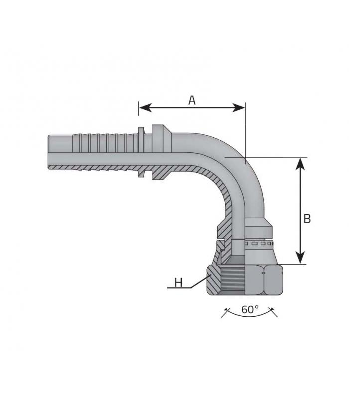 Женски накрайник Komatsu, коляно 90° метрична резба, конус 37° JIC